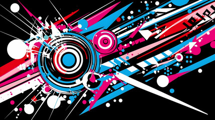 Abstract geometric art; dynamic lines, circles, and shapes; vibrant pink, blue, and red; black background; ideal for digital design