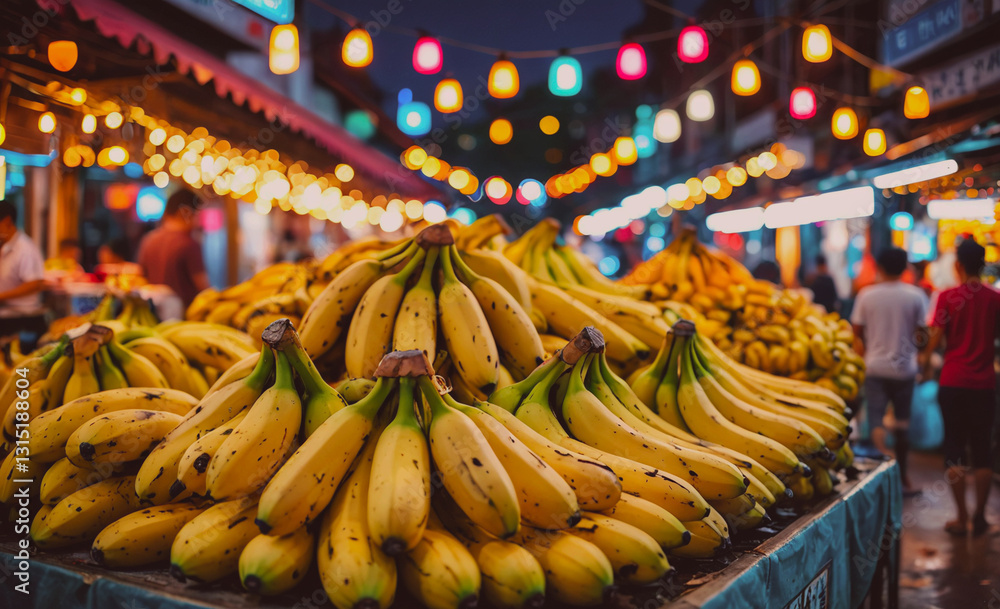 Poster bunch of bananas are piled up on a table. the bananas are yellow and appear to be ripe. the scene is