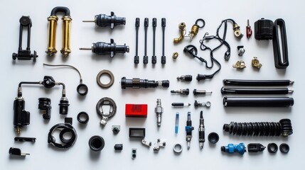 Fototapeta premium A set of automotive engine fuel lines, pumps, and injectors on a white isolated background