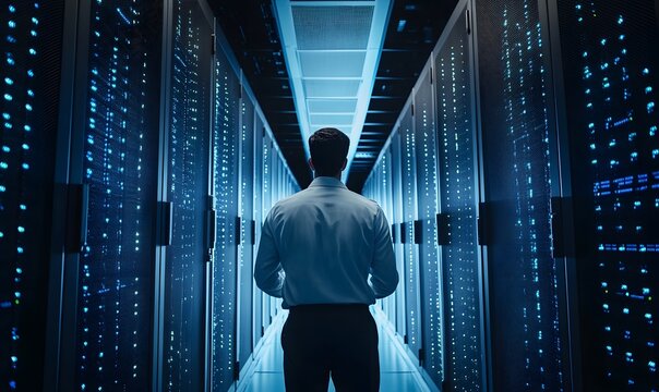 Data Center Technician Examining Server Racks in a Secure Facility