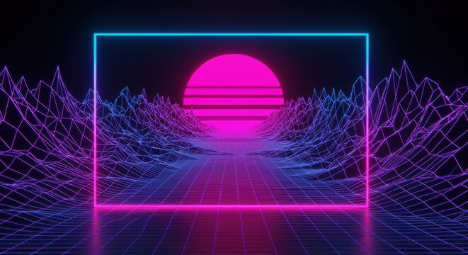 retro futuristic landscape, neon synthwave sunset, digital grid horizon, purple mountains, glowing pink sun, blue rectangular frame, wireframe terrain, 80s aesthetic, vaporwave, outrun style, cyberpun