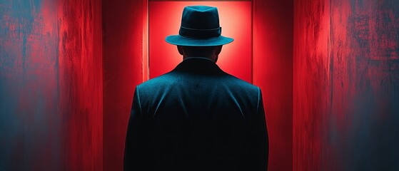 A man in a hat stands in front of a red wall