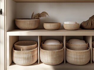 Obraz premium Wooden storage shelves displaying various woven baskets and cushions within