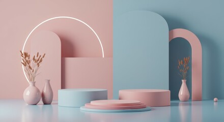 Pastel color palette, geometric shapes, abstract composition, minimalist design, coral pink arches, white hands sculptures, light blue background, soft lighting, product display podium, ceramic vases,