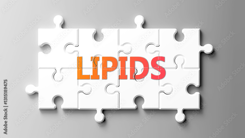 Poster Lipids complex like a puzzle - pictured as word lipids on a puzzle pieces to show that lipids is complex and needs cooperating pieces that fit together. ,3d illustration