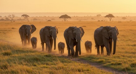 Fototapeta premium Elephant Family Walking Through Golden Grassland at Sunset in African Safari