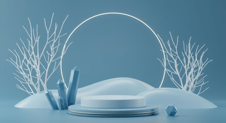Icy blue winter scene, circular neon ring, crystal formations, minimalist podium, frosted plants, soft lighting, ethereal atmosphere, 3D render, product showcase, geometric shapes, pastel blue color p