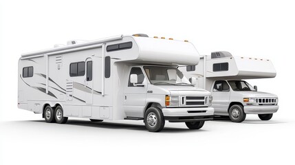 A collection of recreational vehicles (RVs) and campers on a white isolated background