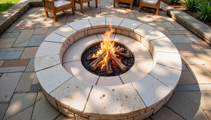 Fototapeta premium Cozy outdoor fire pit with vibrant flames, relaxing atmosphere