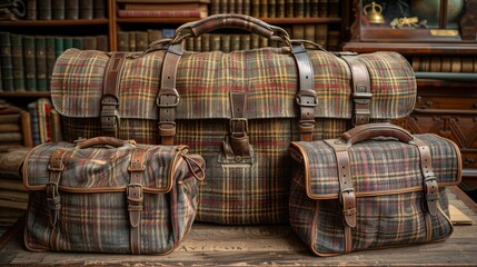 A collection of weathered vintage travel bags with plaid patterns and leather straps displayed on a wooden surface