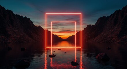 Neon square frame, Twilight mountain landscape, Reflective lake, Silhouette mountains, Glowing orange sunset, Surreal scenery, Calm water, Dreamy atmosphere, Digital art, Minimalist composition, Vibra