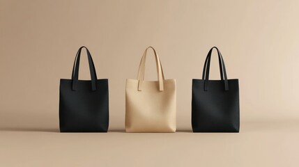 Three tote bags in black, beige, and black standing on a beige background.