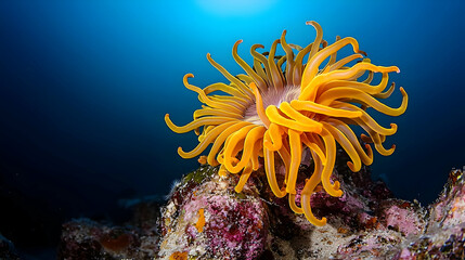 Vibrant Yellow Sea Anemone On A Colorful Coral Reef In The Deep Blue Ocean
