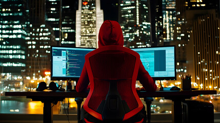 Coder working late at night overlooking city skyline, illuminated by skyscrapers, using dual monitors for programming