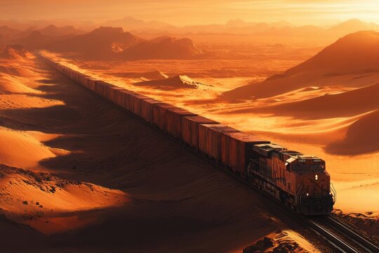 A long freight train traverses a vast, orange desert landscape under a setting sun.