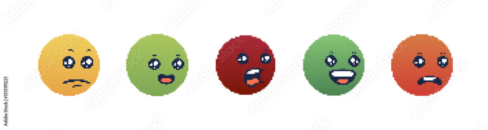 Poster five pixel art emoji faces showing different emotions. each face is circular with expressive feature