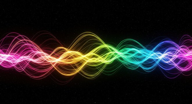 colorful energy waves, vibrant neon lights, dynamic flow, abstract design, black background, rainbow spectrum, glowing ribbons, ethereal wisps, futuristic visual, electric currents, smooth curves, lum