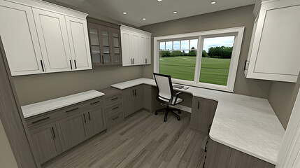 Home office design, L-shaped desk, golf course view, built-in cabinetry, productivity workspace