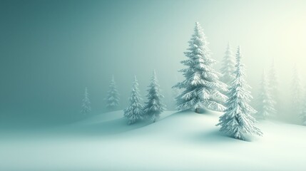 Fototapeta premium Serene winter landscape with snow-covered pine trees amidst a misty background, evoking calmness and tranquility in nature's embrace