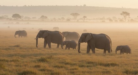 Fototapeta premium Elephant Herd Walking Across Savannah in Morning Mist Landscape
