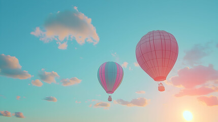 Fototapeta premium Two hot air balloons fly at sunset over fluffy clouds; travel, adventure, freedom imagery