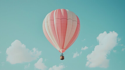 Fototapeta premium Pink hot air balloon floats above fluffy clouds, clear sky background. Perfect for travel, adventure, freedom concepts