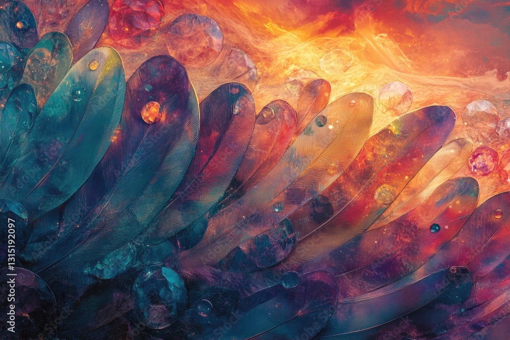 Poster cosmic feathers ablaze with vibrant hues, a celestial landscape in a surreal artistic rendering.