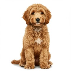 Adorable goldendoodle puppy, fluffy golden fur, soft brown eyes, sitting pose, white background, studio lighting, high detail, photorealistic, cute expression, pet portrait, professional photography, 