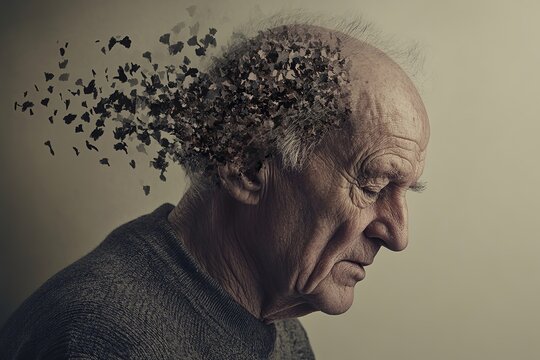 Elderly Man Memory Loss Disintegrating Mind Senior Citizen Aging Brain Dementia Alzheimer's Disease Sadness Grey Hair Wrinkled Skin Profile View      
