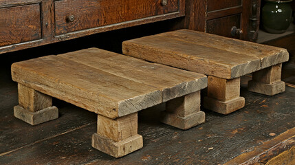 Rustic wooden stools on antique furniture, home decor, interior design