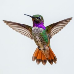 Fototapeta premium Vibrant hummingbird in flight, iridescent purple throat, emerald green feathers, orange tail feathers, spread wings, white background, macro photography, hyper-detailed, 8K resolution, photorealistic,