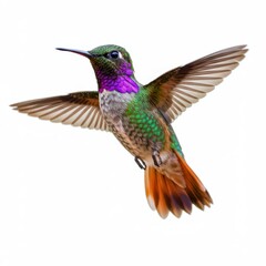 Vibrant hummingbird in flight, iridescent purple throat, emerald green feathers, orange tail feathers, spread wings, white background, macro photography, hyper-detailed, 8K resolution, photorealistic,