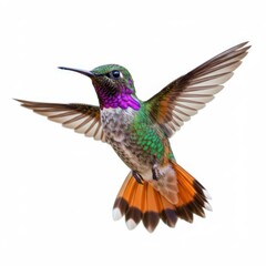 Naklejka premium Vibrant hummingbird in flight, iridescent purple throat, emerald green feathers, orange tail feathers, spread wings, white background, macro photography, hyper-detailed, 8K resolution, photorealistic,