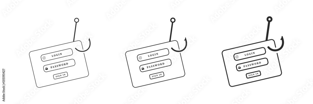 Poster three hooked login and password forms symbolize phishing, highlighting cybersecurity threats to user