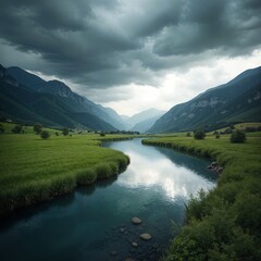 Obraz premium Serenity in the Valley: A Calm River Slipped Between Verdant Mountains