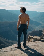 Man overlooking vast mountain range from cliff edge - panoramic view of hiker on mountain peak, outdoor adventure and exploration
