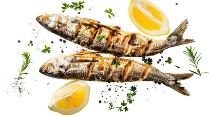 Two grilled sardines with lemon and herbs on transparent background