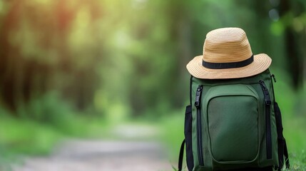 Backpack with a hat resting on it signifying eco-friendly travel gear for sustainable adventures and journeys