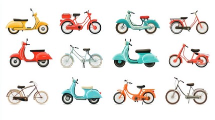 A set of city scooters and bicycles parked in a row on a white isolated background