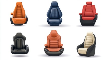 A collection of different car seat designs, from leather to fabric, on a white isolated background