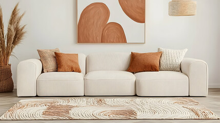 Modern living room interior design with beige sofa, patterned rug, and abstract art