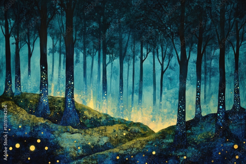 Poster enchanted forest at twilight, glowing with magical fireflies and ethereal light.