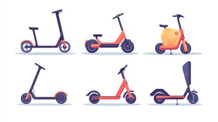 A set of electric scooters with folding designs for portability on a white isolated background