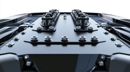 A close-up of a car engine hood with hydraulic lifts on a white isolated background