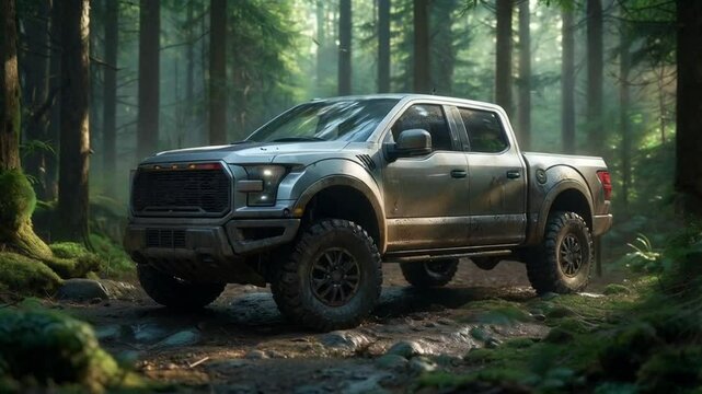 A pickup truck is parked in a forest. The truck is dirty and has mud on it. The forest is lush. smooth repeating motion for background video animation