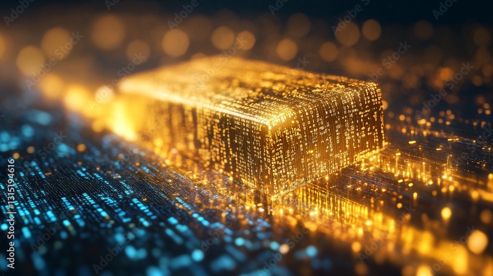 Poster digital representation of golden block with particles and light effects in abstract background