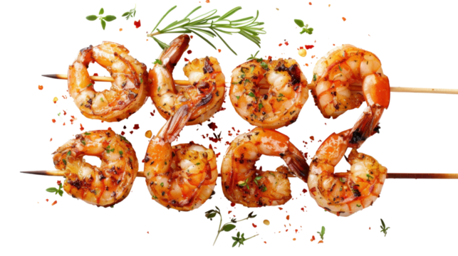 Grilled shrimps on skewers falling with spices and herbs on transparent background