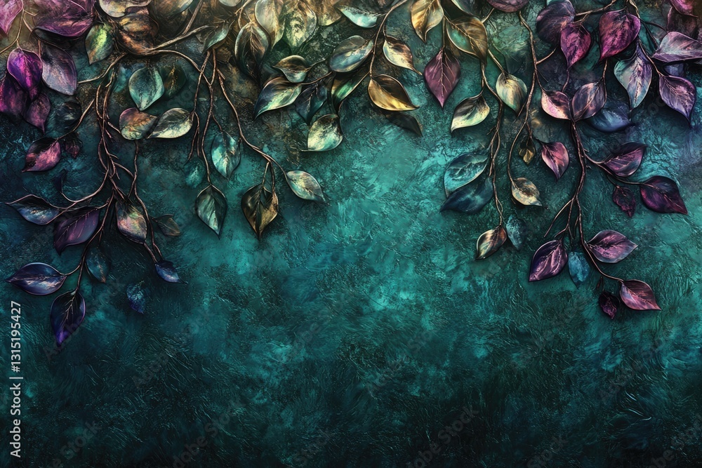 Poster dark teal textured background adorned with metallic leaves, creating a moody and elegant autumnal sc