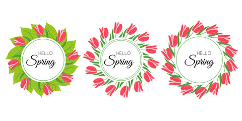 Red flowers adorned decorative frames collection. Spring floral wreath background ideal for greeting cards, banners, wedding. Vector illustration isolated on white surface