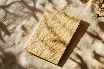 Wrinkled paper book on textured surface with warm sunlight shadows